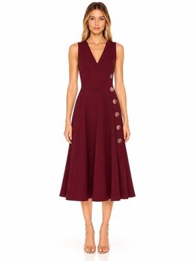 Roksanda silk crepe Burgundy Midi Dress V-Neck A-Line Statement Button Designer